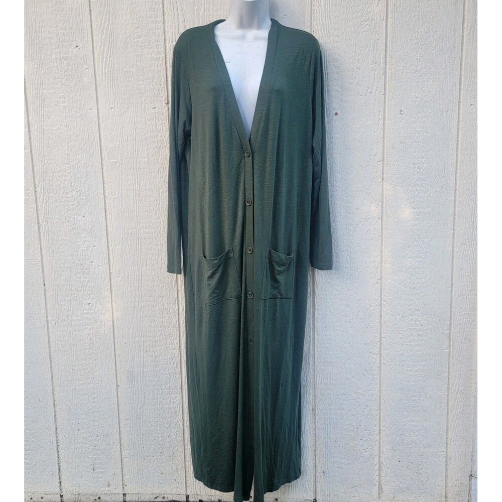Women's Long duster cardigan green button front sz L